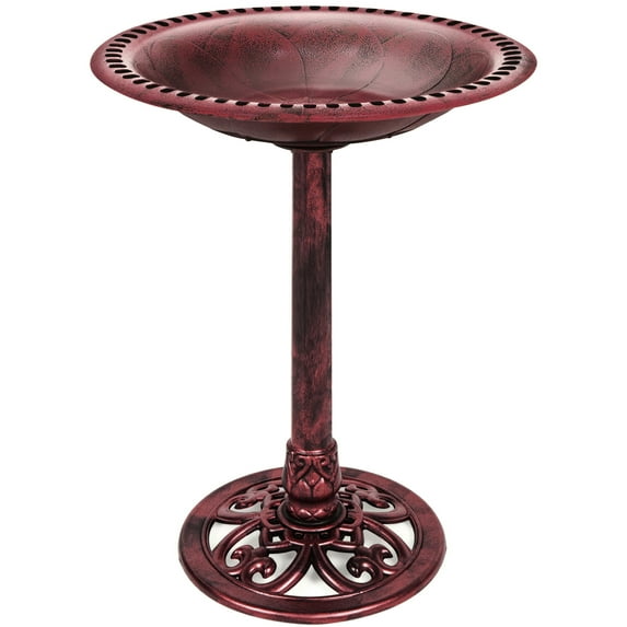 Best Choice Products Outdoor Rustic Pedestal Bird Bath Accent for Garden, Yard w/ Fleur-de-Lis Accents - Cherry Red