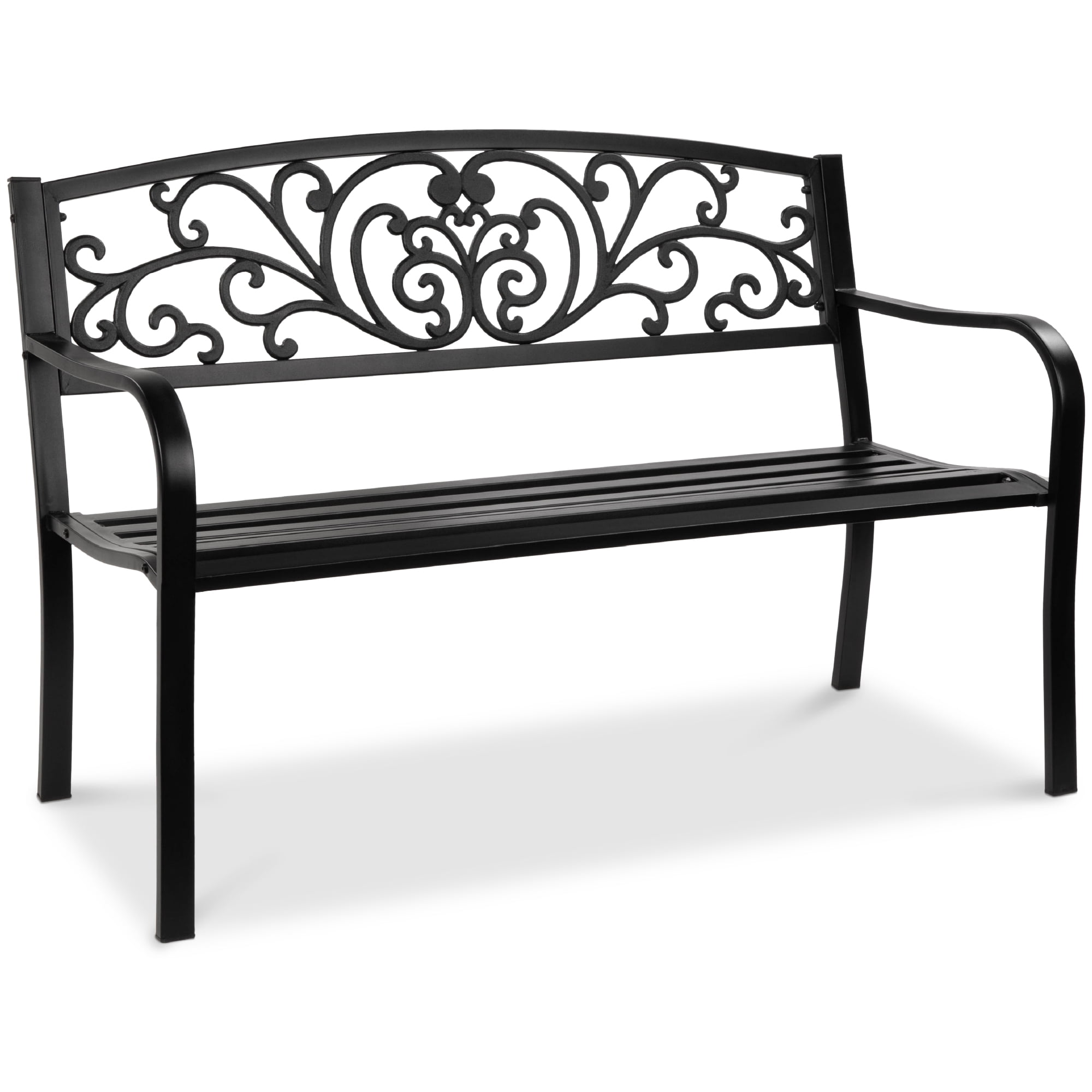 Best Choice Outdoor Steel Bench, Patio Porch Furniture w/ Floral Backrest, Black