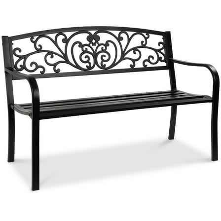Best Choice Products Outdoor Steel Bench Garden Patio Porch Furniture w/ Floral Design Backrest - Black