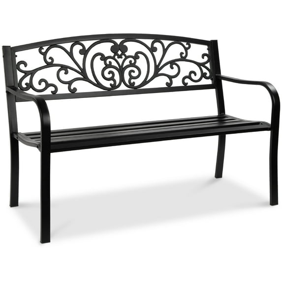 Best Choice Products Outdoor Steel Bench Garden Patio Porch Furniture w/ Floral Design Backrest - Black