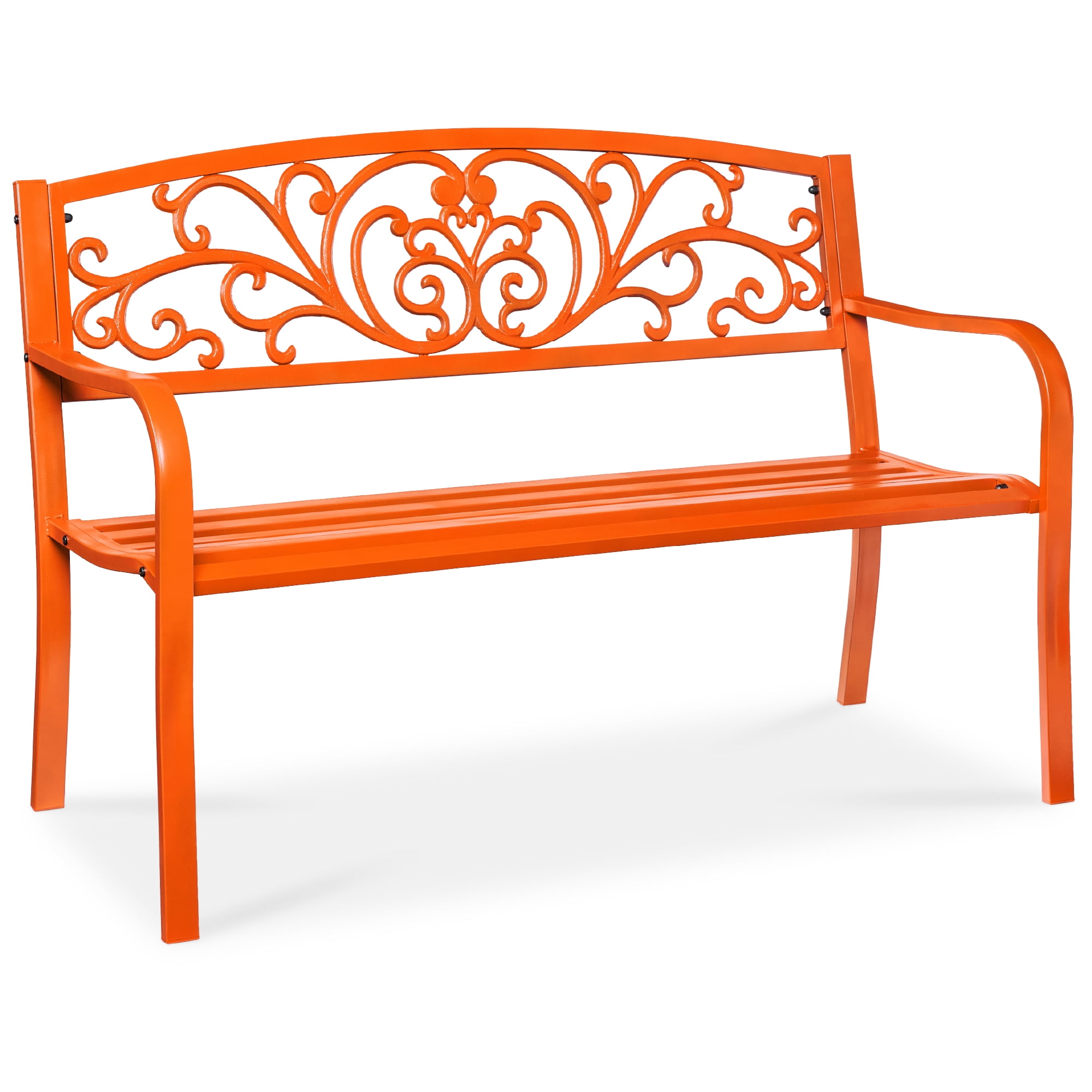 Carrot Orange Steel Outdoor Bench with Floral Backrest