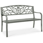 Best Choice Products Outdoor Steel Bench Garden Patio Porch Furniture w/ Floral Design Backrest - Gray