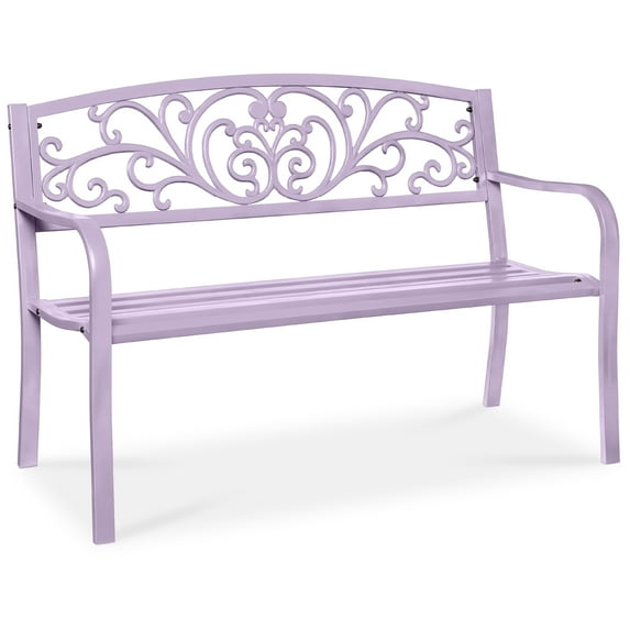 Best Choice Products Outdoor Steel Bench Garden Patio Porch Furniture w/ Floral Design Backrest - Lavender