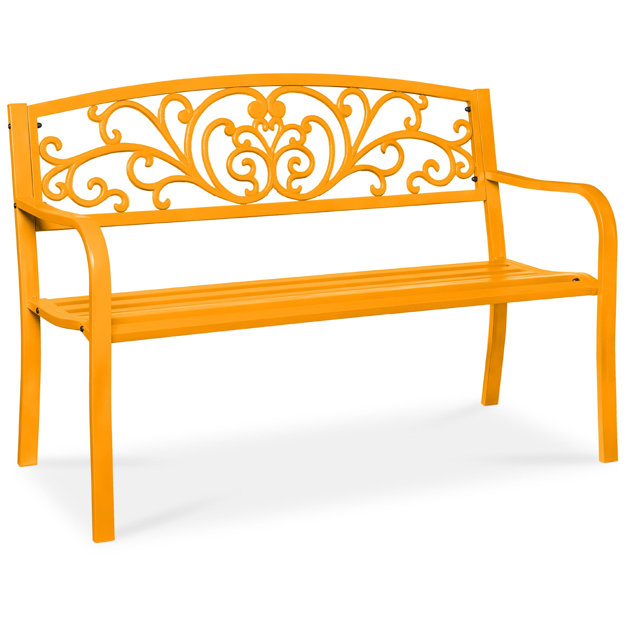 Marigold Gold Steel Outdoor Bench with Floral Backrest