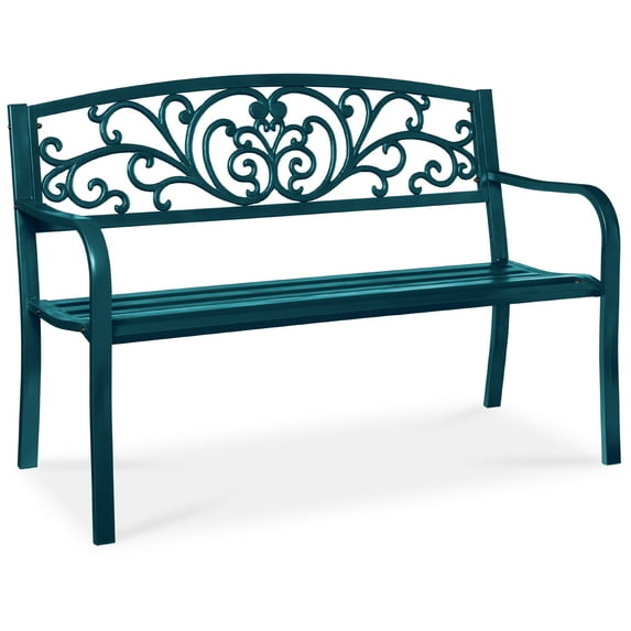 Best Choice Products Outdoor Steel Bench Garden Patio Porch Furniture w/ Floral Design Backrest - Peacock Blue