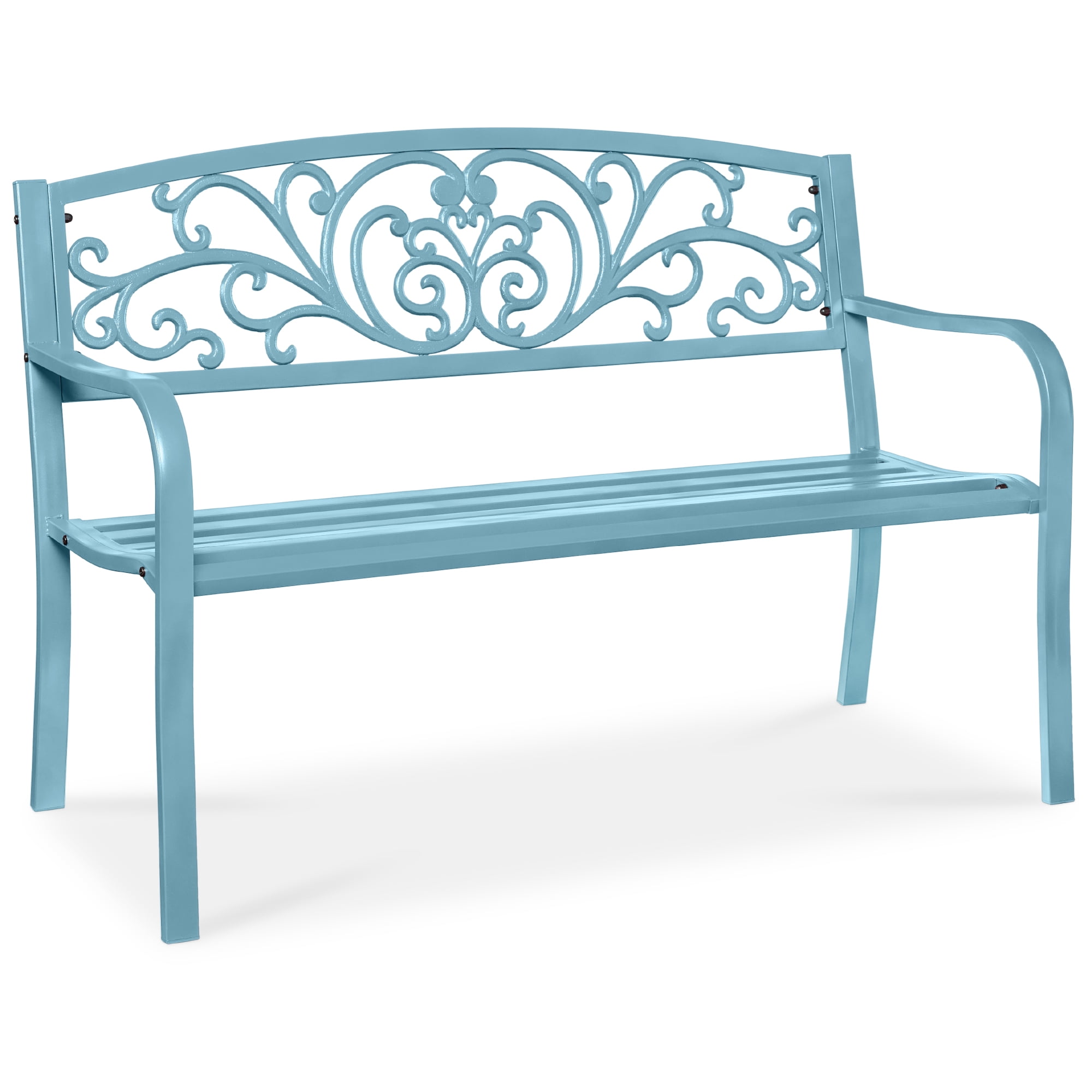 Sky Blue Weather-Resistant Steel Outdoor Bench with Floral Backrest
