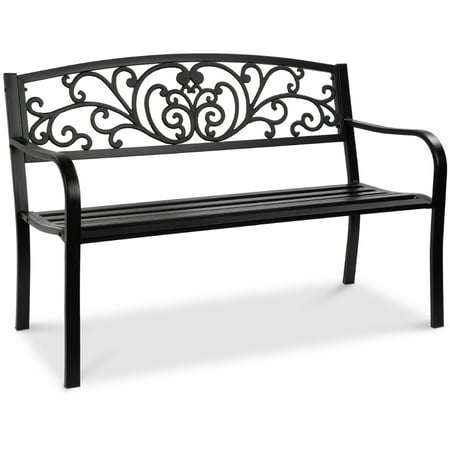 Best Choice Products Outdoor Steel Bench Garden Patio Porch Furniture w/ Floral Design Backrest, Slatted Seat - Black