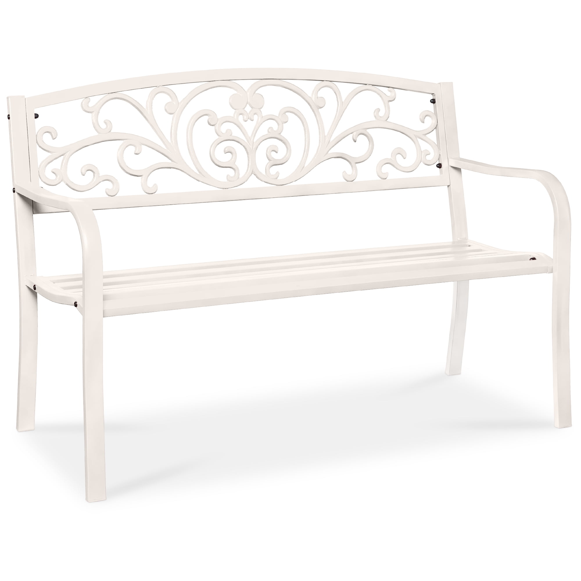 White Steel Outdoor Bench with Floral Backrest Design