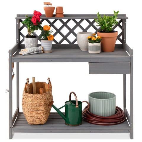 Best Choice Products Outdoor Wooden Garden Potting Bench, Workstation Table w/ Cabinet Drawer, Open Shelf - Gray