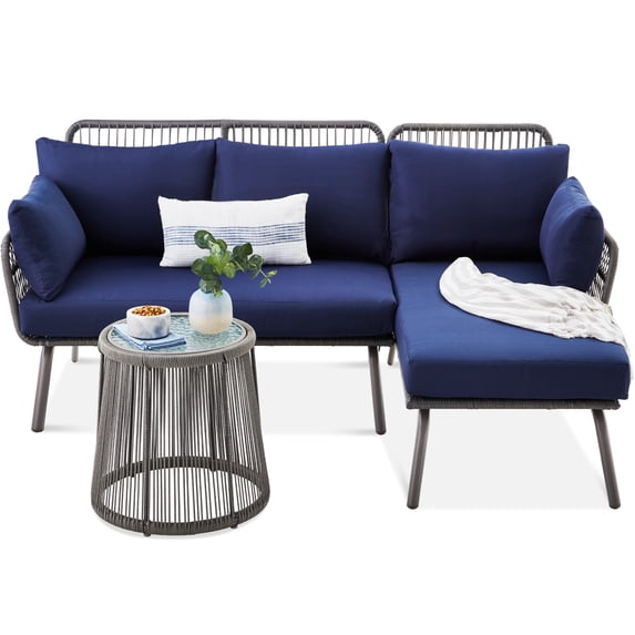 Best Choice Products Outdoor Woven Rope Sectional Patio Furniture, L-Shaped Conversation Set w/ Table - Gray/Navy