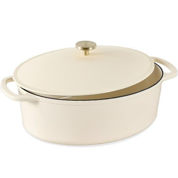 Best Choice Products Oval 7.5 Quart Cast-Iron Dutch Oven, Heavy-Duty w/ Enamel, Side Handles - Vanilla Buttercream