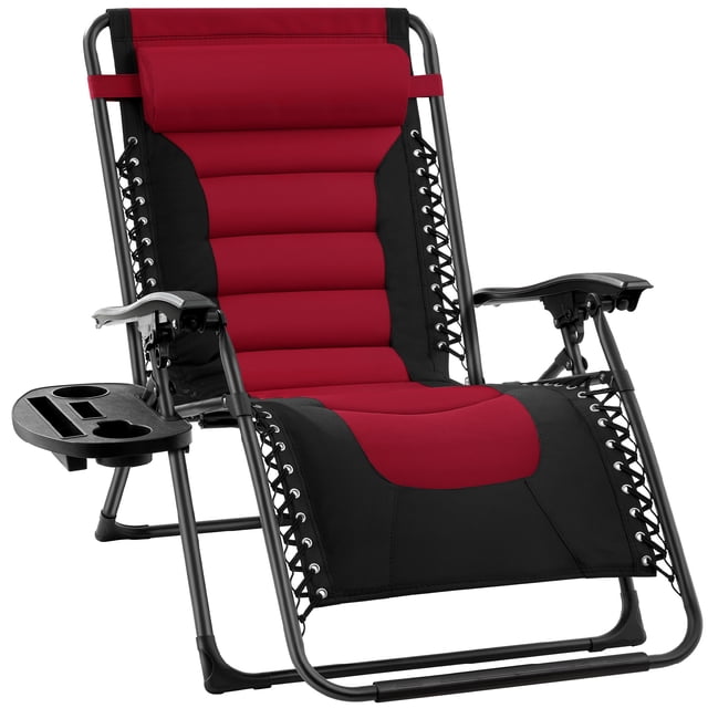 Best Choice Products Oversized Padded Zero Gravity Chair, Folding Outdoor Patio Recliner w/ Side Tray - Burgundy