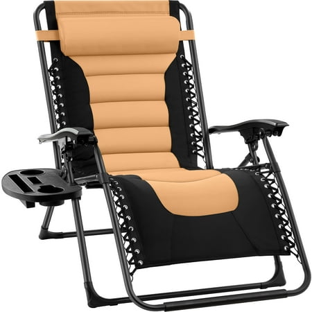 Best Choice Products Oversized Padded Zero Gravity Chair, Folding Outdoor Patio Recliner w/ Side Tray - Black/Tan