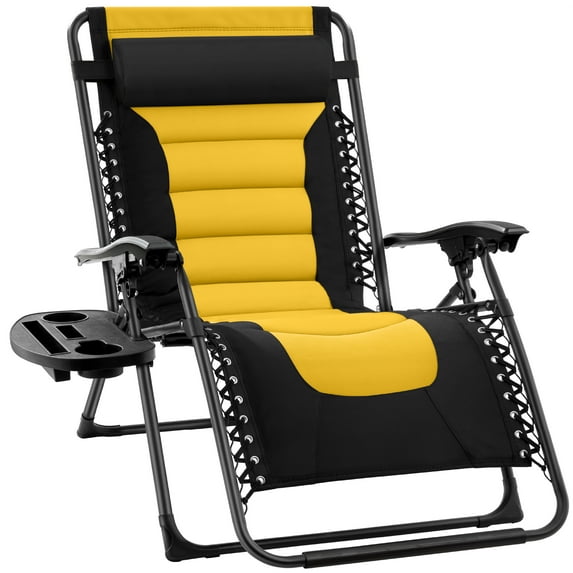 Best Choice Products Oversized Padded Zero Gravity Chair, Folding Outdoor Patio Recliner w/ Side Tray - Black/Yellow