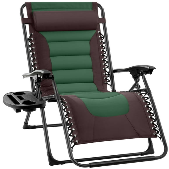 Best Choice Products Oversized Padded Zero Gravity Chair, Folding Outdoor Patio Recliner w/ Side Tray - Brown/Green