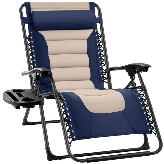 Best Choice Products Oversized Padded Zero Gravity Chair, Folding Outdoor Patio Recliner w/ Side Tray - Navy/Oyster