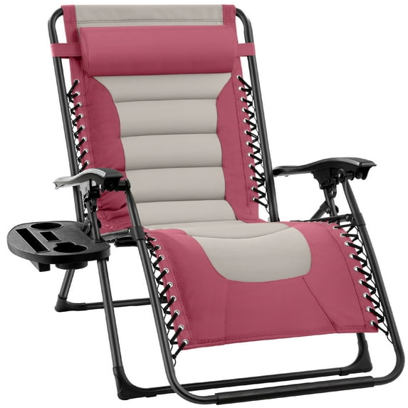 Best Choice Products Oversized Padded Zero Gravity Chair, Folding Outdoor Patio Recliner w/ Side Tray - Pink/Taupe