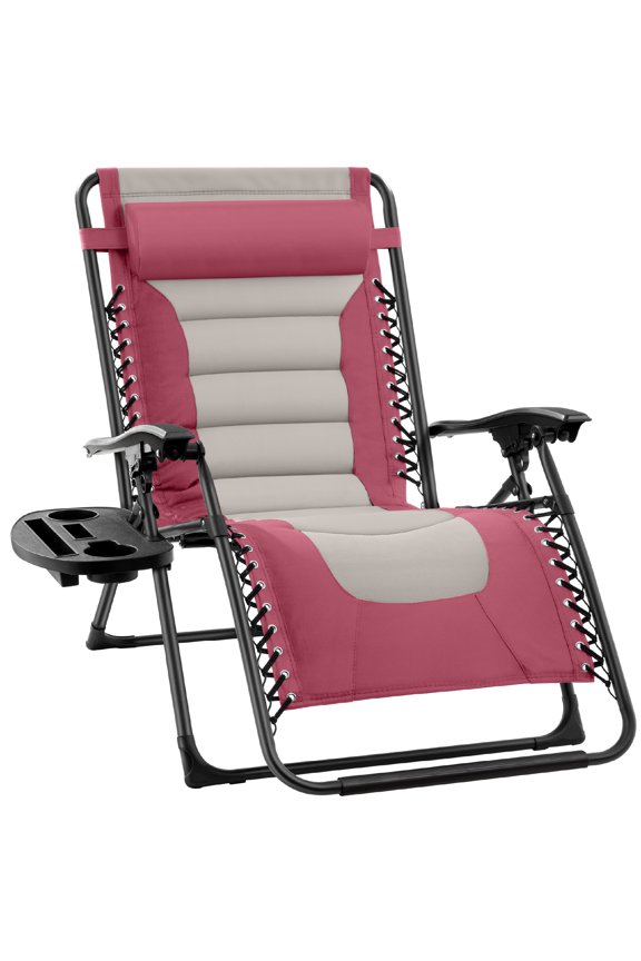 Oversized Padded Zero Gravity Chair, Folding Outdoor Patio Recliner w/ Side Tray - Pink/Taupe
