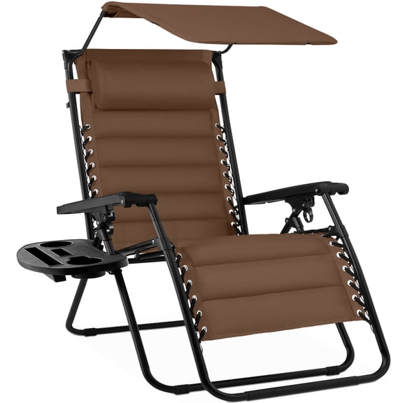 Best Choice Products Oversized Padded Zero Gravity Chair w/ Canopy Headrest Cup Holder Side Tray - Brown