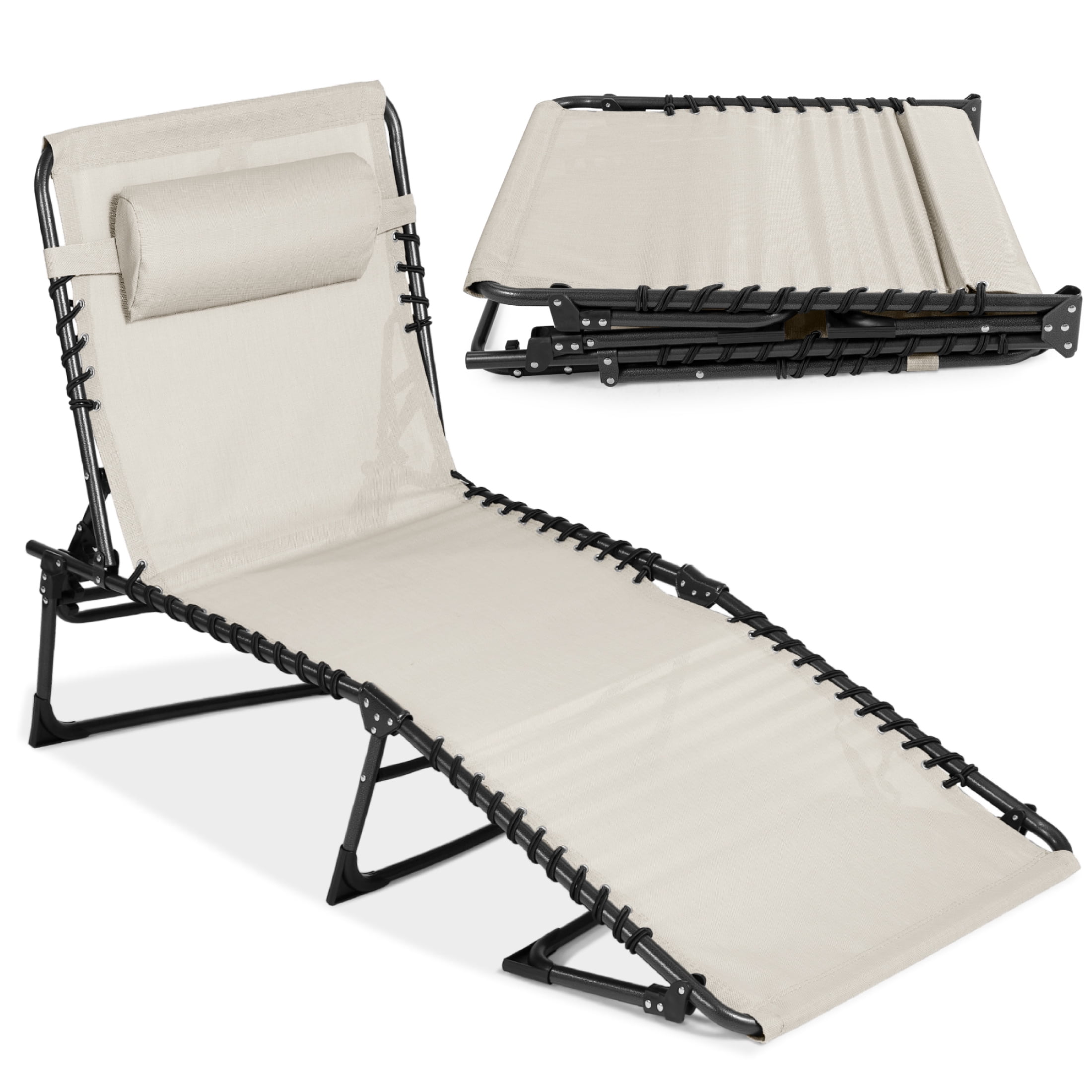 Ivory Adjustable Folding Outdoor Chaise Lounge Chair with Cushions