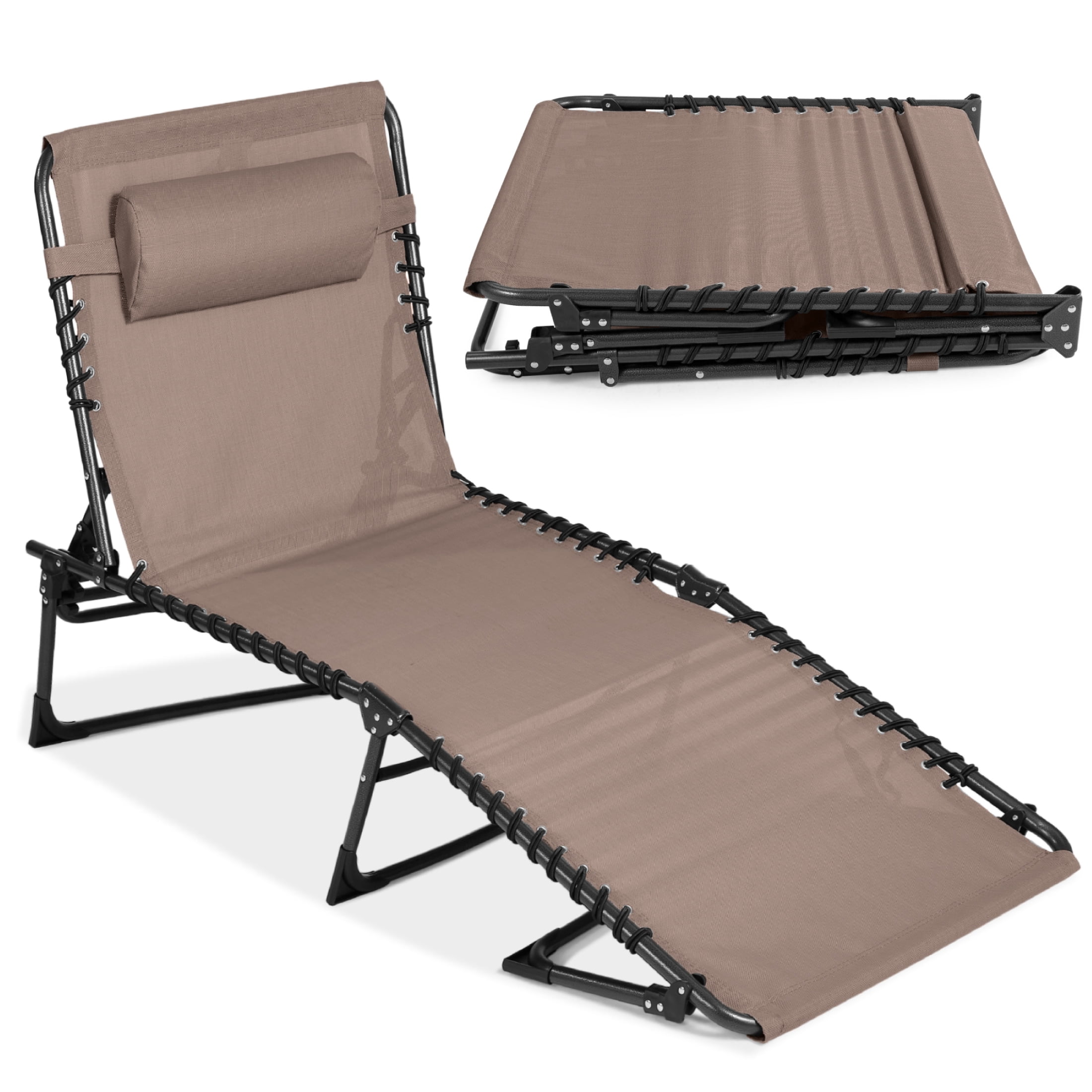 Warm Taupe Powder-Coated Steel Folding Outdoor Chaise Lounge Chair