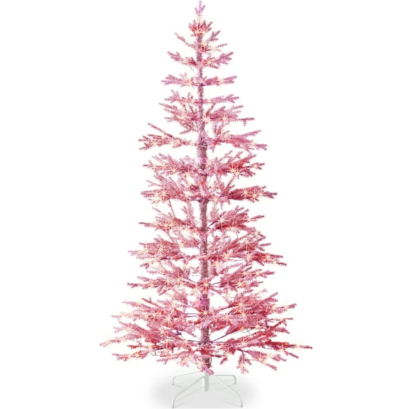 Best Choice Products Pre-Lit Flocked Sparse Christmas Tree 6ft Artificial Pine Tree, w/White & Multicolored LED Lights - Pink