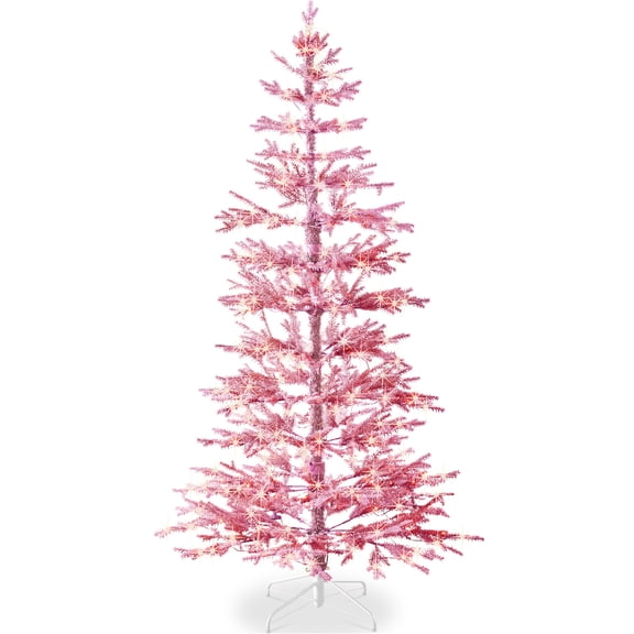 Best Choice Products Pre-Lit Flocked Sparse Christmas Tree 6ft Artificial Pine Tree, w/White & Multicolored LED Lights - Pink