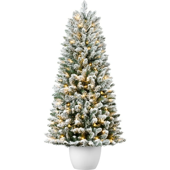 Best Choice Products Pre-Lit Potted Flocked Christmas Tree, 4.5ft Classic Artificial Holiday Decor, w/175  White LEDs