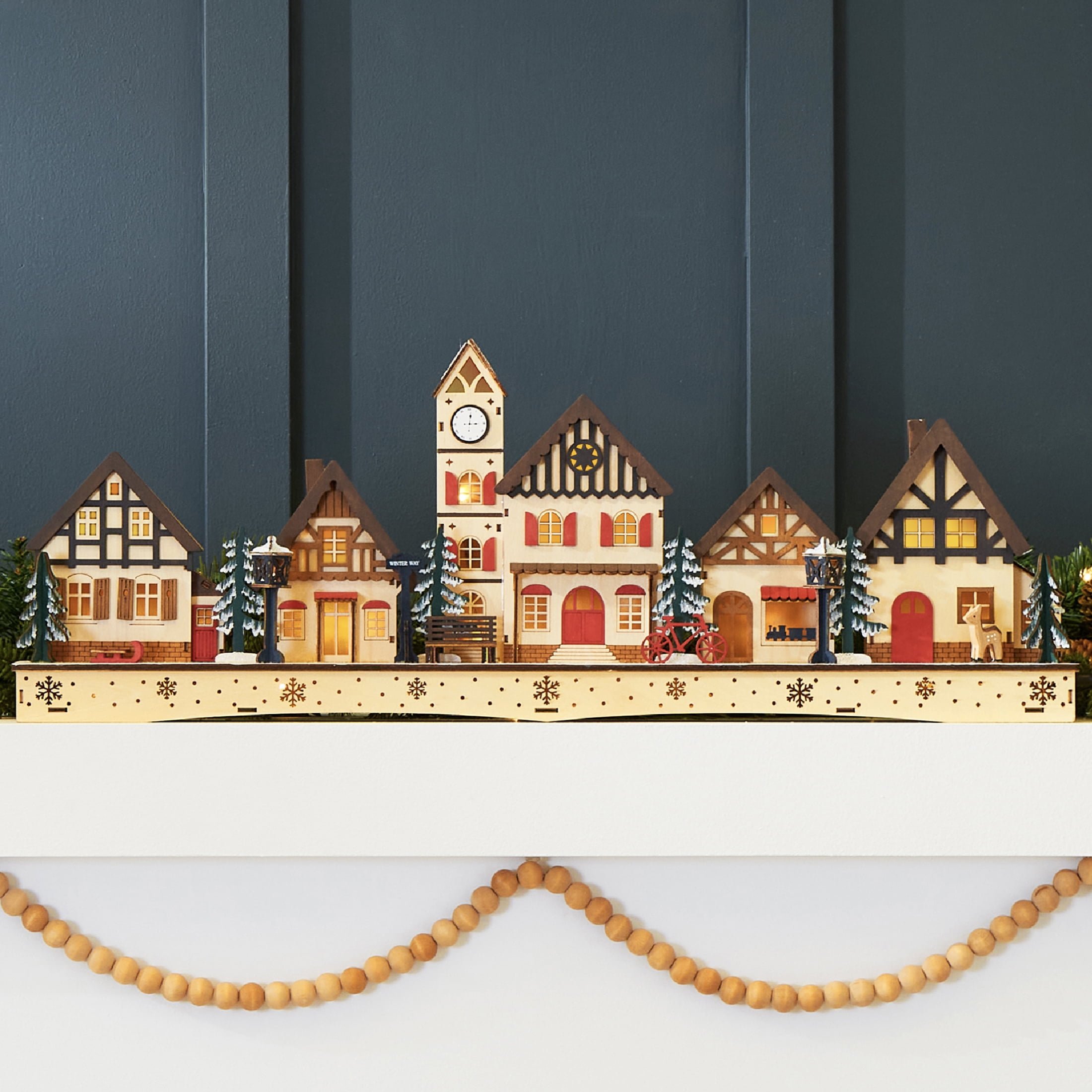 The Holiday Aisle® Pre-Lit Wooden Christmas Village, Winter Mantel Decor, Traditional Holiday Decoration For Home, Living Room, Entryway W/LED Lights, Plug-In/Battery-Powered W/Timer