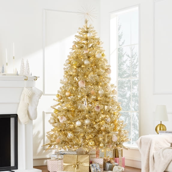Best Choice Products Prelit 7.5ft Artificial Tinsel Christmas Tree Festive Holiday Decoration w/ 1,350 Tips - Gold