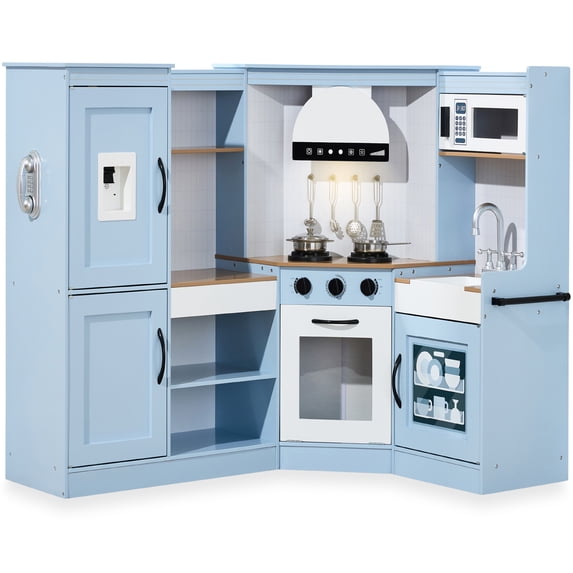 Best Choice Products Pretend Play Corner Kitchen, Interactive Wooden Kids Set w/ Lights & Sounds - Coastal Blue