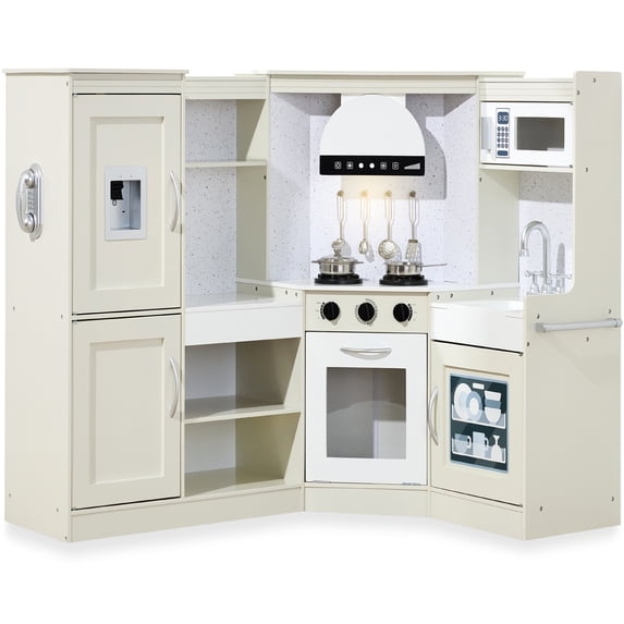 Best Choice Products Pretend Play Corner Kitchen, Interactive Wooden Kids Set w/ Lights & Sounds - Cream