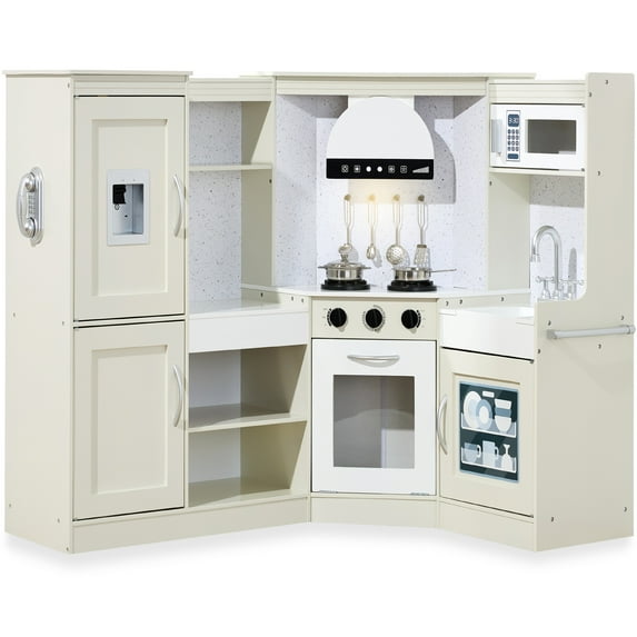 Best Choice Products Pretend Play Corner Kitchen, Interactive Wooden Kids Set w/ Lights & Sounds - Cream