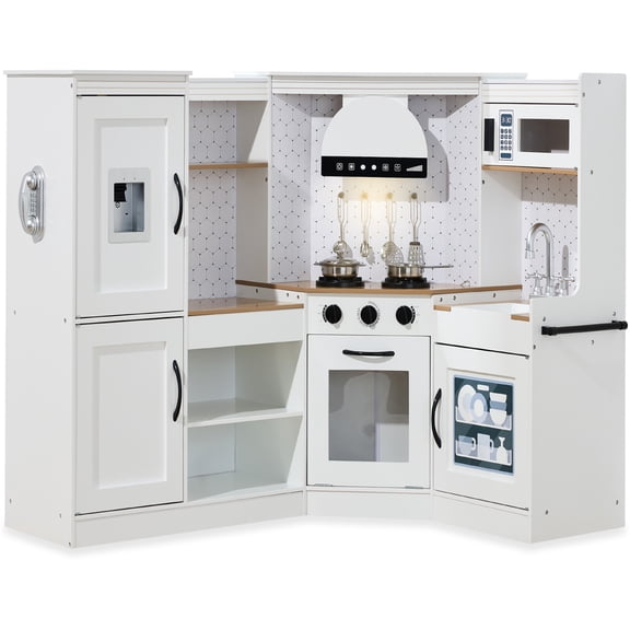 Best Choice Products Pretend Play Corner Kitchen, Interactive Wooden Kids Set w/ Lights & Sounds - Farmhouse White