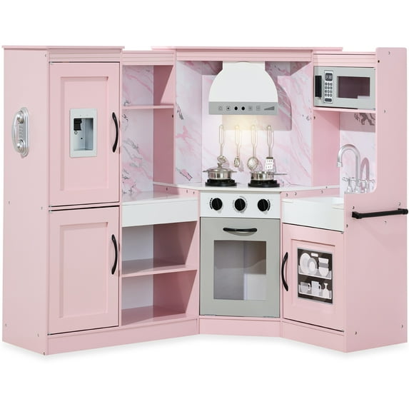 Best Choice Products Pretend Play Corner Kitchen, Interactive Wooden Kids Set w/ Lights & Sounds - Pink