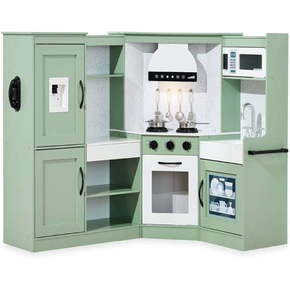 Best Choice Products Pretend Play Corner Kitchen, Interactive Wooden Kids Set w/ Lights & Sounds - Sage
