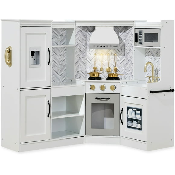 Best Choice Products Pretend Play Corner Kitchen, Interactive Wooden Kids Set w/ Lights & Sounds - White