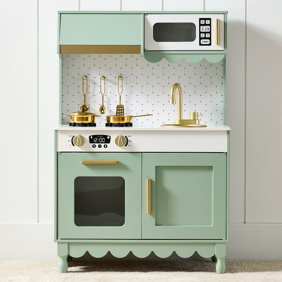 Best Choice Products Pretend Play Cottage Kitchen Wooden Toy Set for Kids w/ 5 Accessories, Oven - Sage