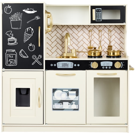 Best Choice Products Pretend Play Kitchen Wooden Toy Set for Kids w/ Telephone, Utensils, Oven, Microwave - Cream