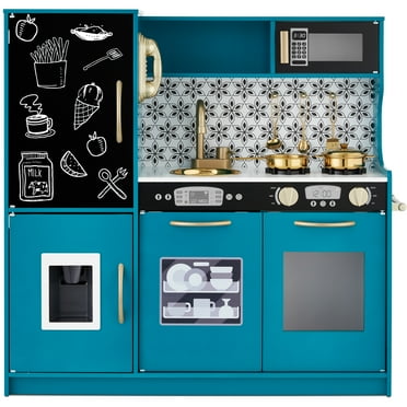 Best Choice Products Pretend Play Kitchen Wooden Toy Set for Kids w/ Telephone, Utensils, Oven, Microwave - Teal