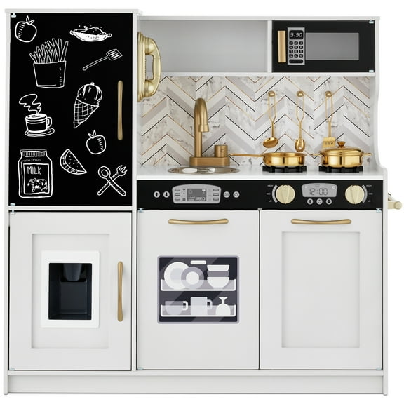 Best Choice Products Pretend Play Kitchen Wooden Toy Set for Kids w/ Telephone, Utensils, Oven, Microwave - White Bevel