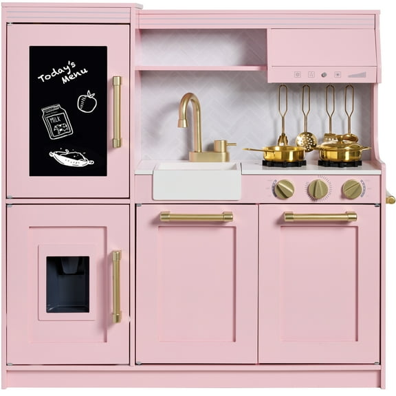 Best Choice Products Walmart Exclusive Wooden Pretend Play Kitchen with Framed Chalkboard - Pink with Herringbone