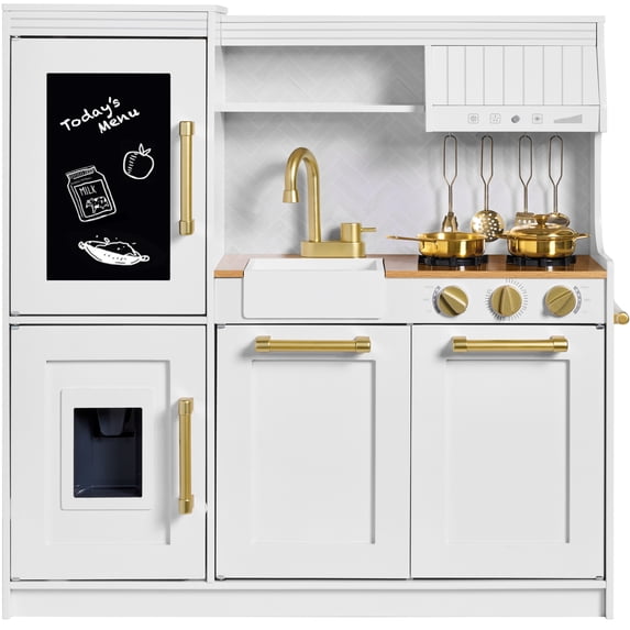 Best Choice Products Walmart Exclusive Wooden Pretend Play Kitchen with Framed Chalkboard - White with Herringbone
