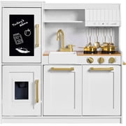 Best Choice Products Wooden Pretend Play Kitchen for Kids, Interactive Playset, 11 Accessories - Ivory with Herringbone