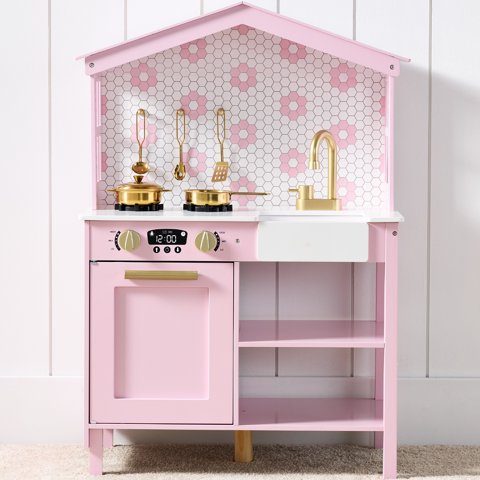 Best Choice Products Pretend Play Wooden Farmhouse Kitchen Set w/ Storage, Clicking Knobs, 5 Accessories - Rose