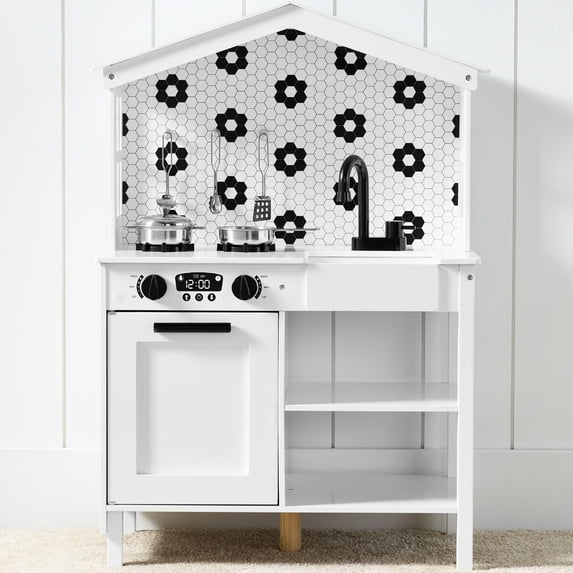 Best Choice Products Pretend Play Wooden Farmhouse Kitchen Set w/ Storage, Clicking Knobs, 5 Accessories - White/Black