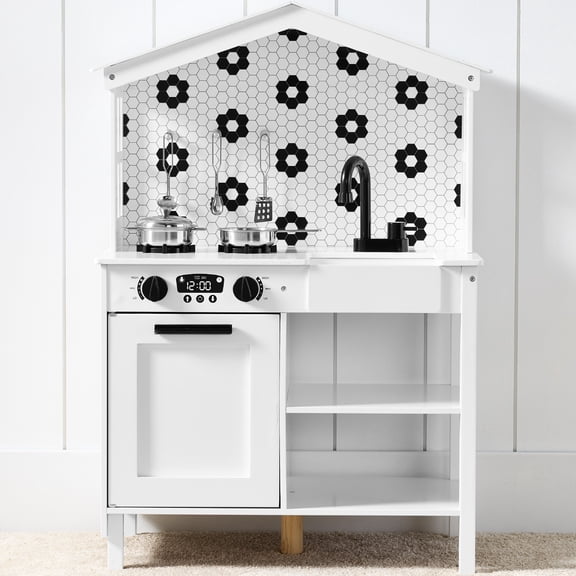 Best Choice Products Pretend Play Wooden Farmhouse Kitchen Set w/ Storage, Clicking Knobs, 5 Accessories - White/Black