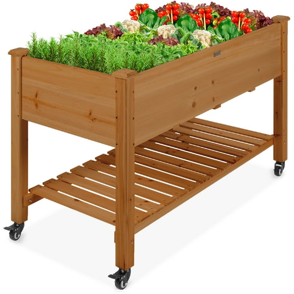 Best Choice Products Raised Garden Bed 48x24x32in Mobile Elevated Planter w/ Wheel Locks, Shelf, Liner - Acorn Brown