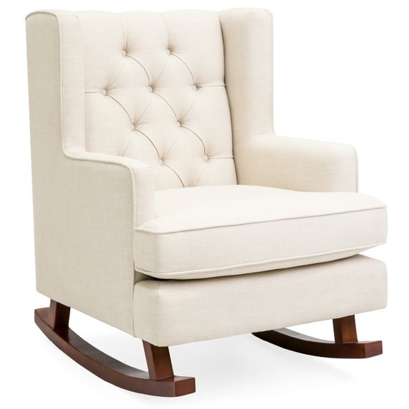Best Choice Products Rocking Accent Chair, Tufted Upholstered Linen Wingback for Home, Nursery w/ Wood Frame - Beige