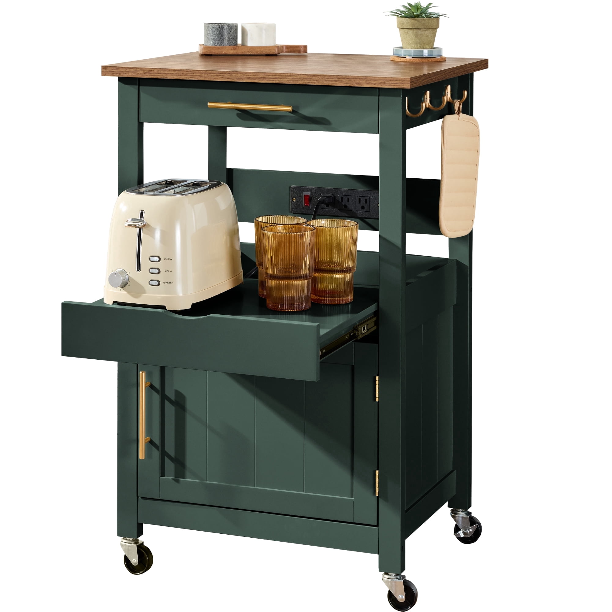 Best Choice Products Rolling Kitchen Island Cart, Cabinet W/ Drawer, Sliding Tray, Outlet, Wheels, Hooks - Forest Green